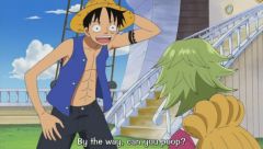 Luffy asking Caimie "Do you poop?"