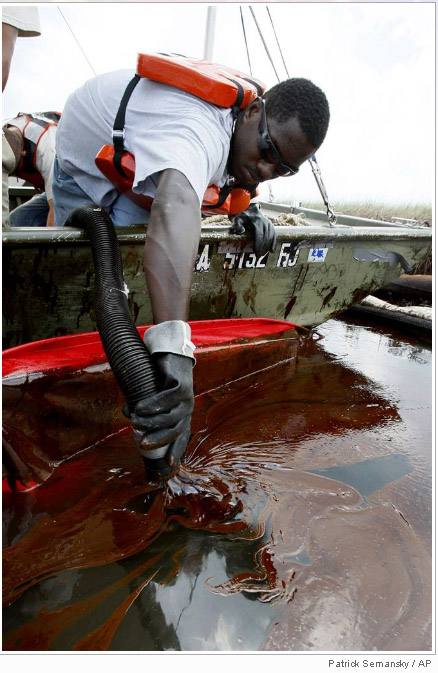 James McGee vacuums oil in Barataria Bay on the coast of Louisiana on June 20. The BP oil spill is the largest in U.S. history and continues to threaten wildlife, the ecosystem and the economy of the Gulf Coast as BP and government officials attempt to st